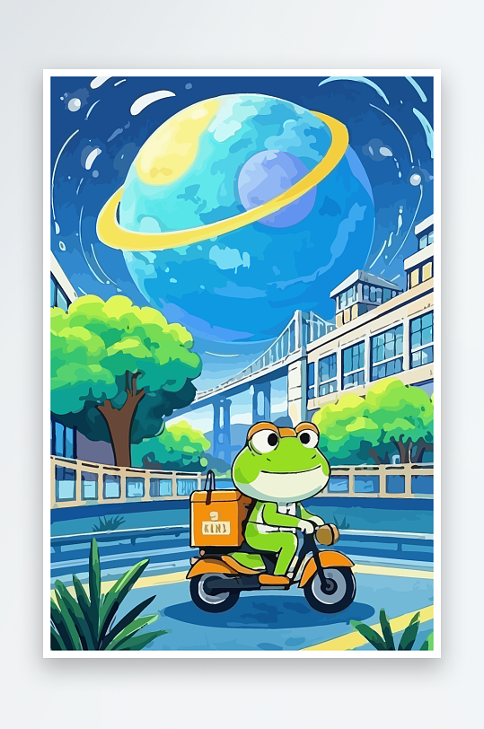 青蛙孩童骑车风景插画元素-众图网