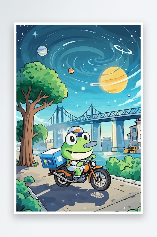 青蛙孩童骑车风景插画-众图网