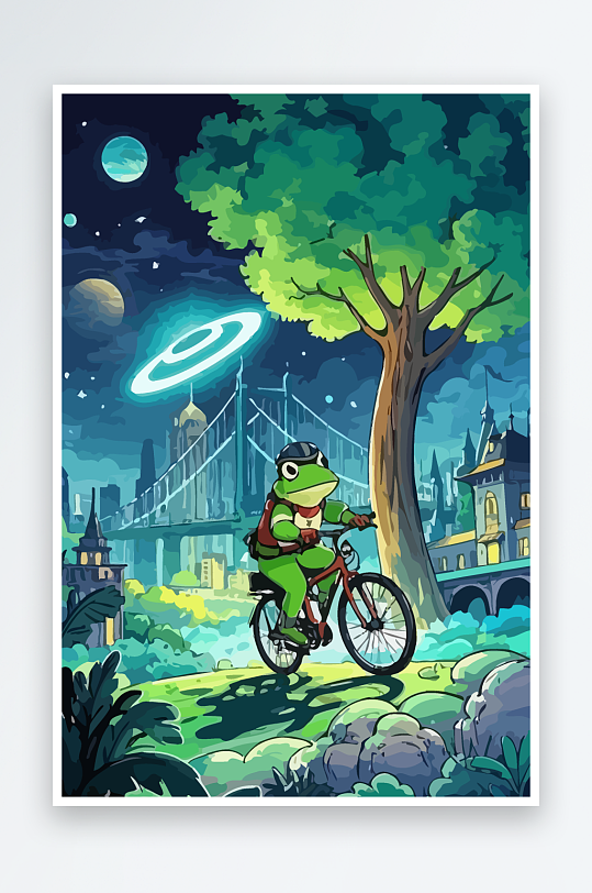 青蛙孩童骑车风景插画-众图网