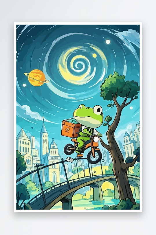 青蛙孩童骑车风景插画-众图网