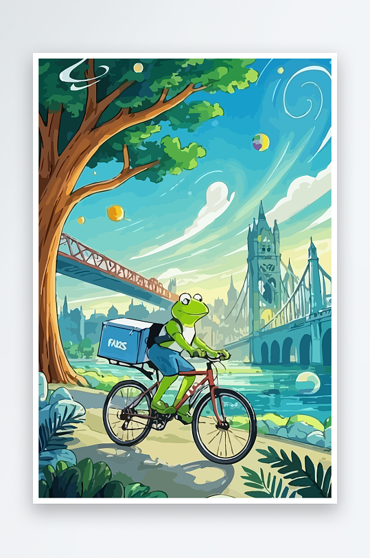 青蛙孩童骑车风景插画-众图网