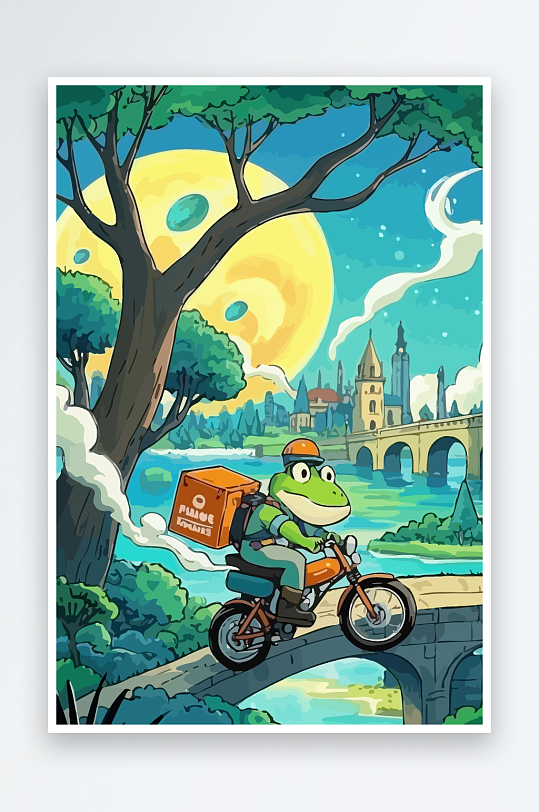 青蛙孩童骑车风景插画-众图网