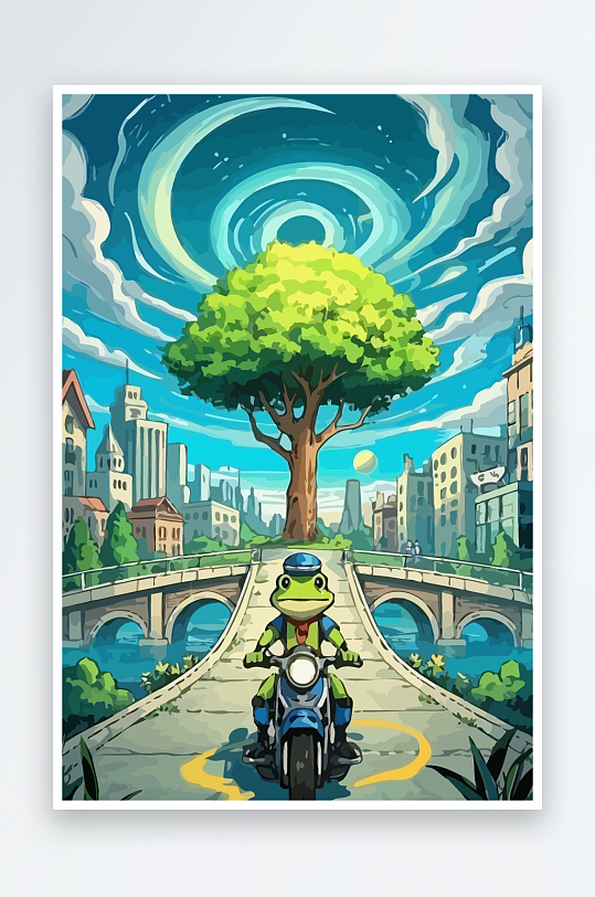青蛙孩童骑车风景插画-众图网