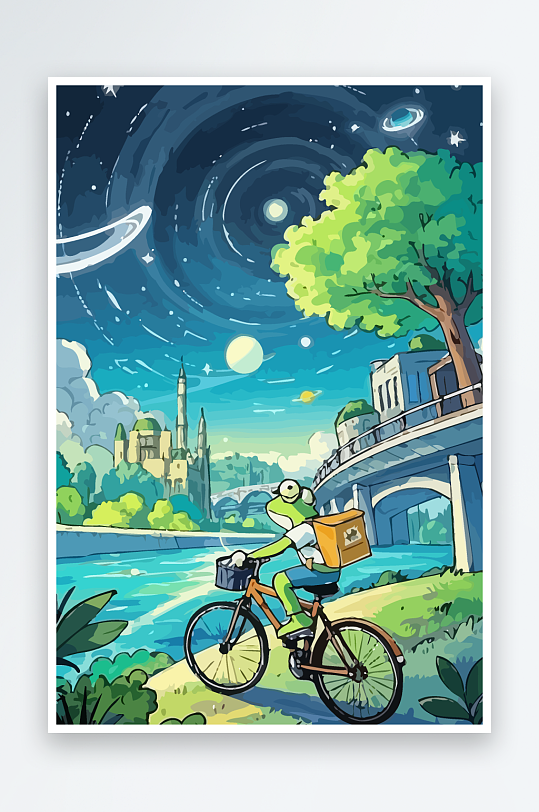 青蛙孩童骑车风景插画-众图网