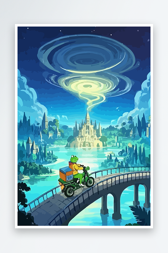 青蛙孩童骑车风景插画-众图网