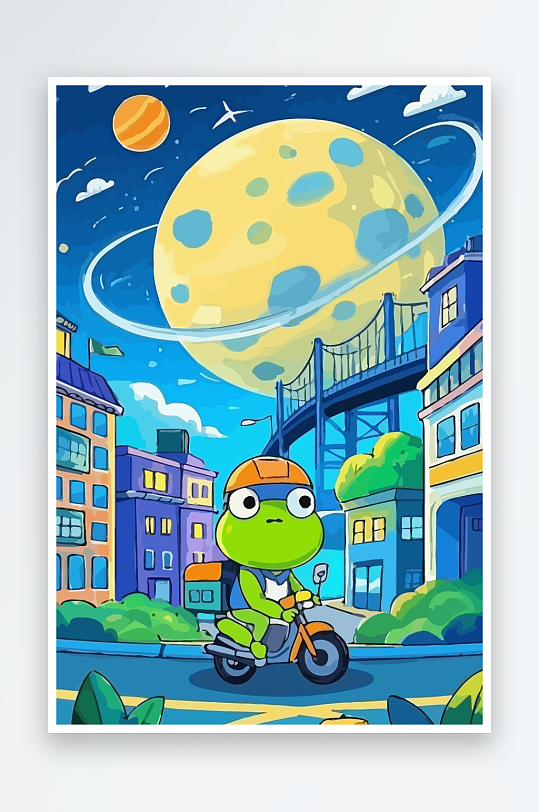 青蛙孩童骑车风景插画-众图网