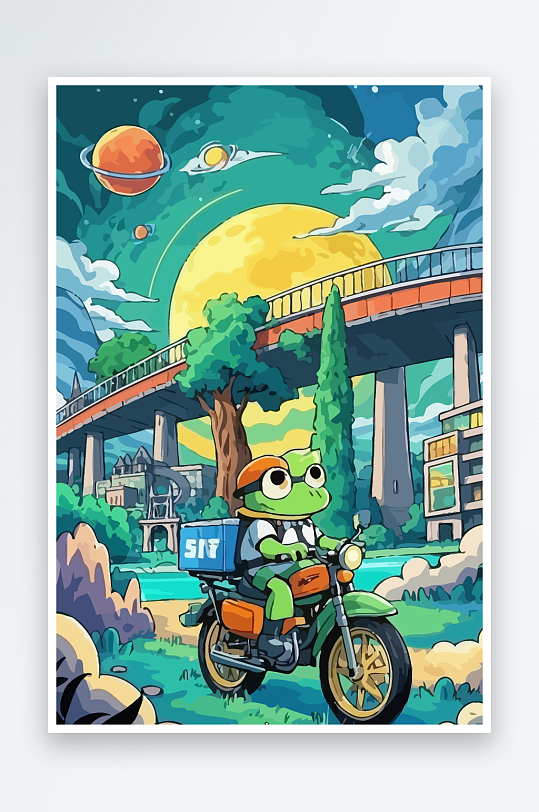 青蛙孩童骑车风景插画-众图网