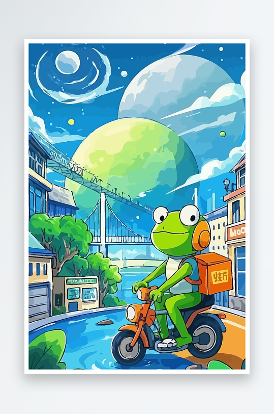 青蛙孩童骑车风景插画-众图网