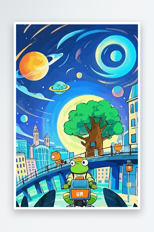 青蛙孩童骑车风景插画-众图网