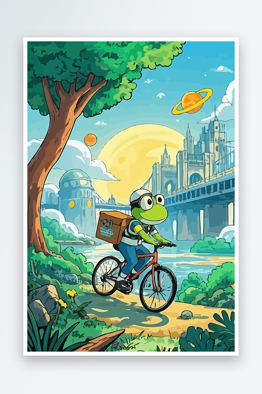 青蛙孩童骑车风景插画元素-众图网