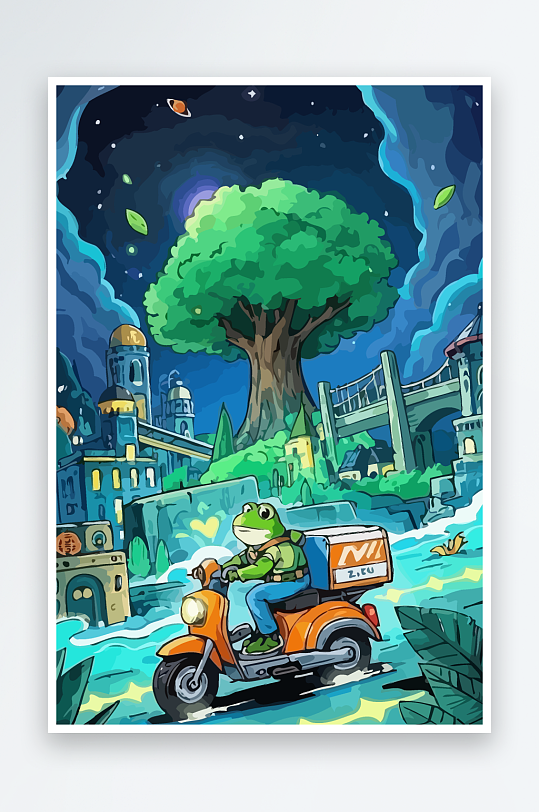 青蛙孩童骑车风景插画元素-众图网