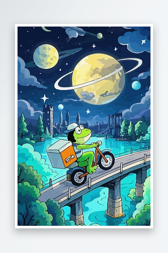 青蛙孩童骑车风景插画元素-众图网