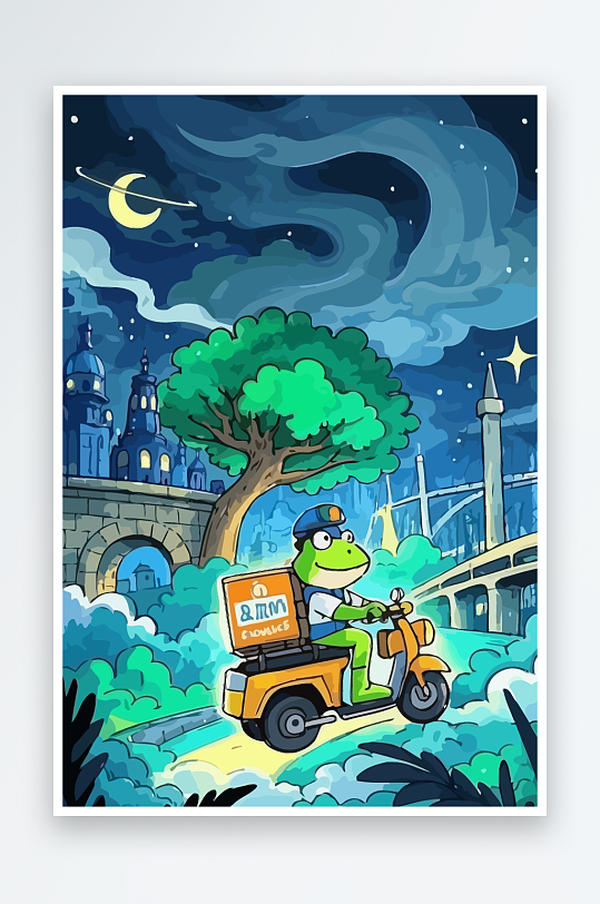 青蛙孩童骑车风景插画元素-众图网