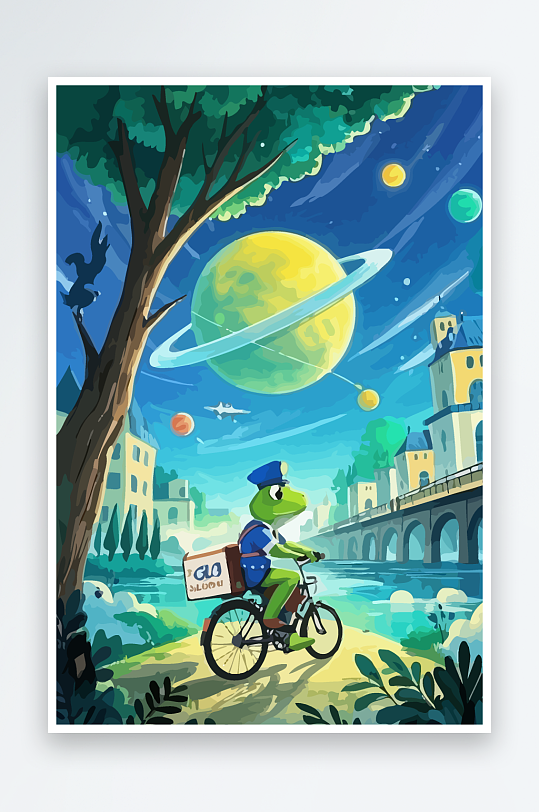青蛙孩童骑车风景插画元素-众图网