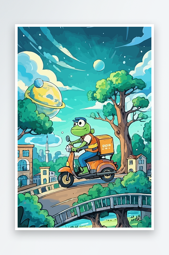 青蛙孩童骑车风景插画元素-众图网