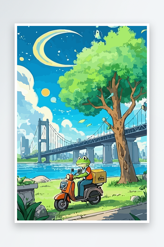 青蛙孩童骑车风景插画元素-众图网