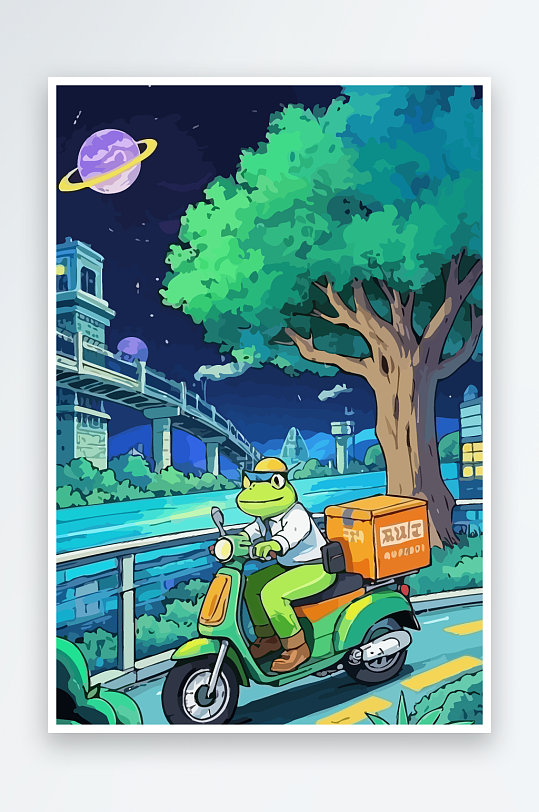 青蛙孩童骑车风景插画元素-众图网