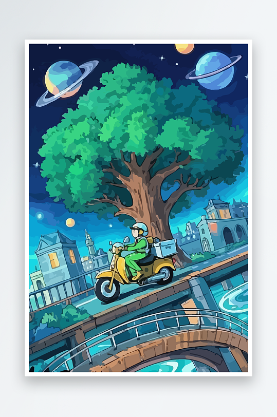 青蛙孩童骑车风景插画元素-众图网