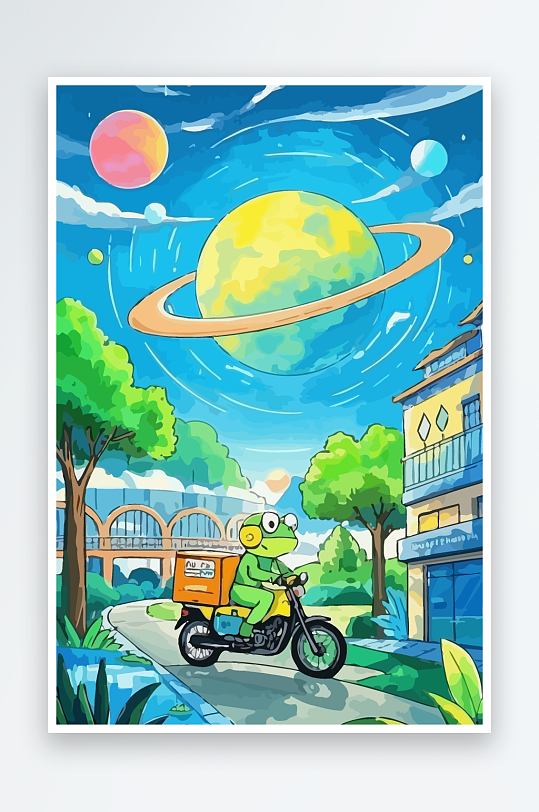 青蛙孩童骑车风景插画元素-众图网