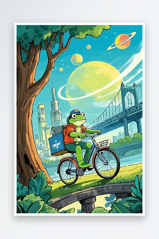 青蛙孩童骑车风景插画元素-众图网