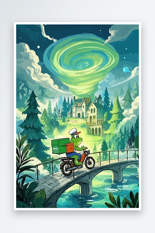 青蛙孩童骑车风景插画元素-众图网