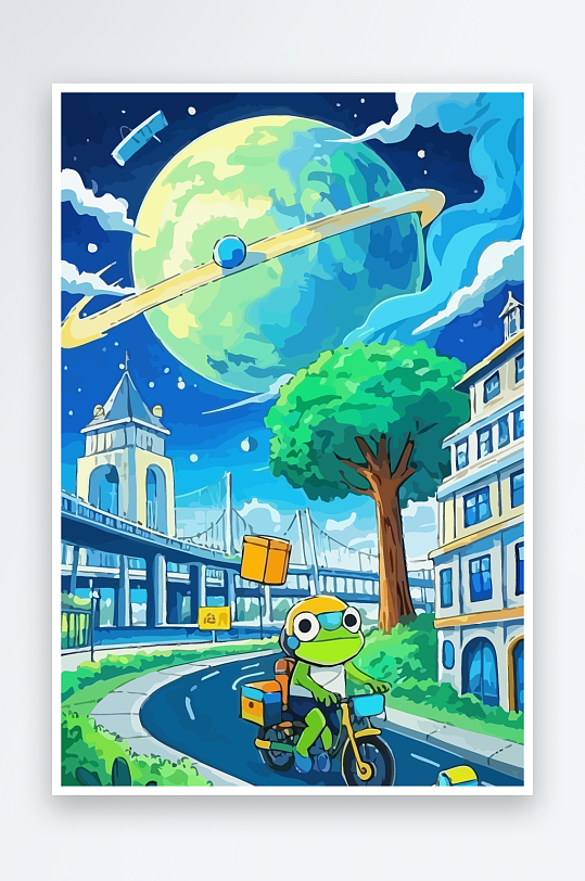 青蛙孩童骑车风景插画元素-众图网