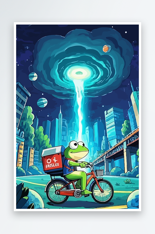 青蛙孩童骑车风景插画元素-众图网