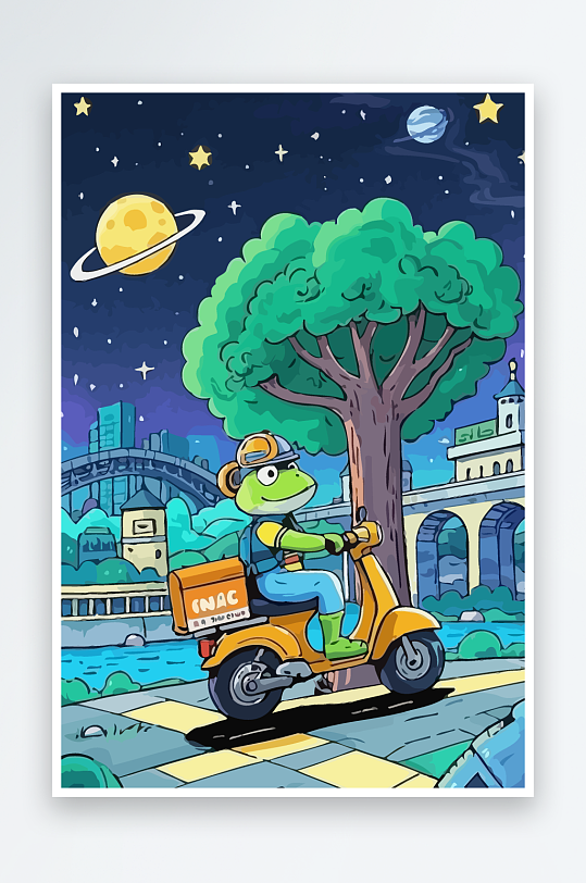 青蛙孩童骑车风景插画元素-众图网