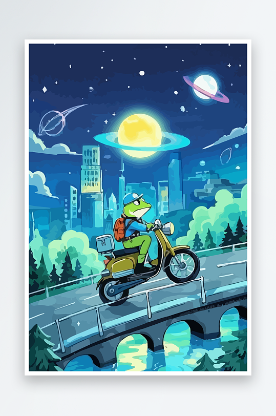 青蛙孩童骑车风景插画-众图网