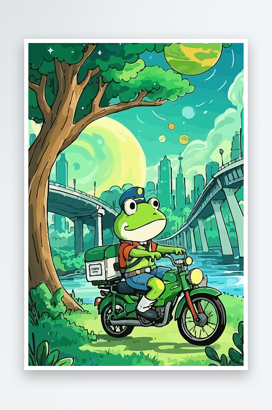 青蛙孩童骑车风景插画-众图网