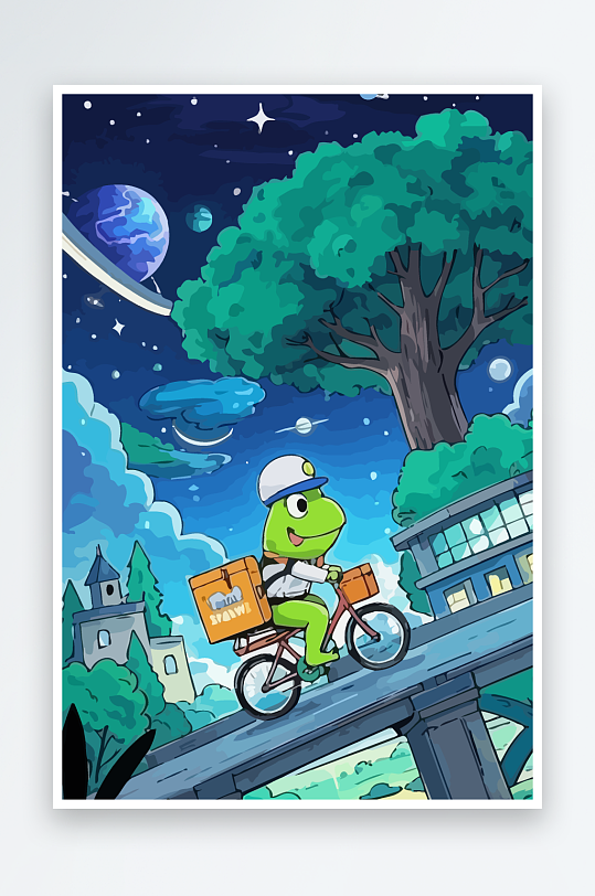 青蛙孩童骑车风景插画-众图网