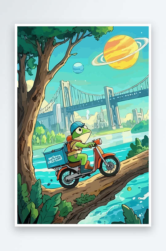 青蛙孩童骑车风景插画-众图网
