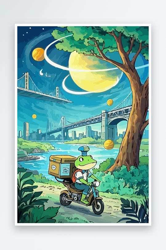 青蛙孩童骑车风景插画-众图网