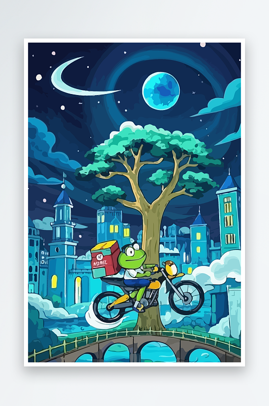 青蛙孩童骑车风景插画-众图网