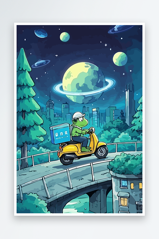 青蛙孩童骑车风景插画-众图网