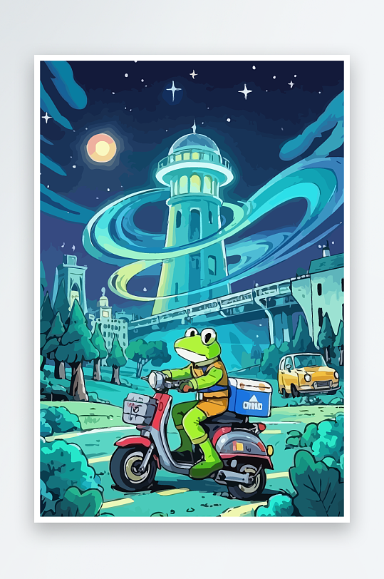 青蛙孩童骑车风景插画-众图网