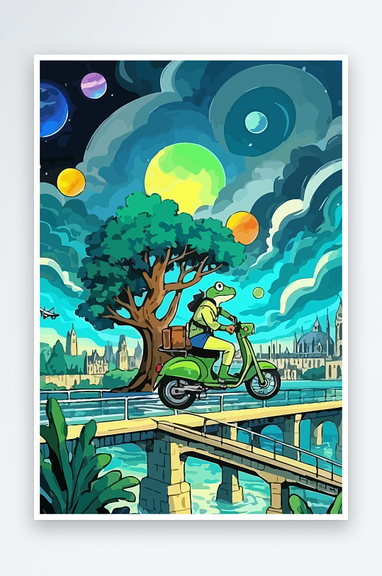 青蛙孩童骑车风景插画-众图网
