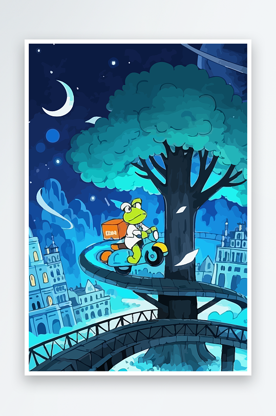 青蛙孩童骑车风景插画-众图网