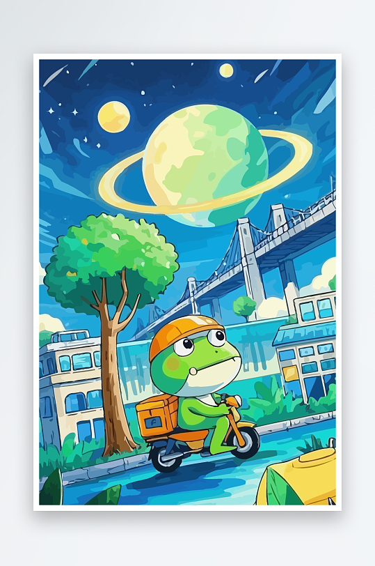 青蛙孩童骑车风景插画-众图网