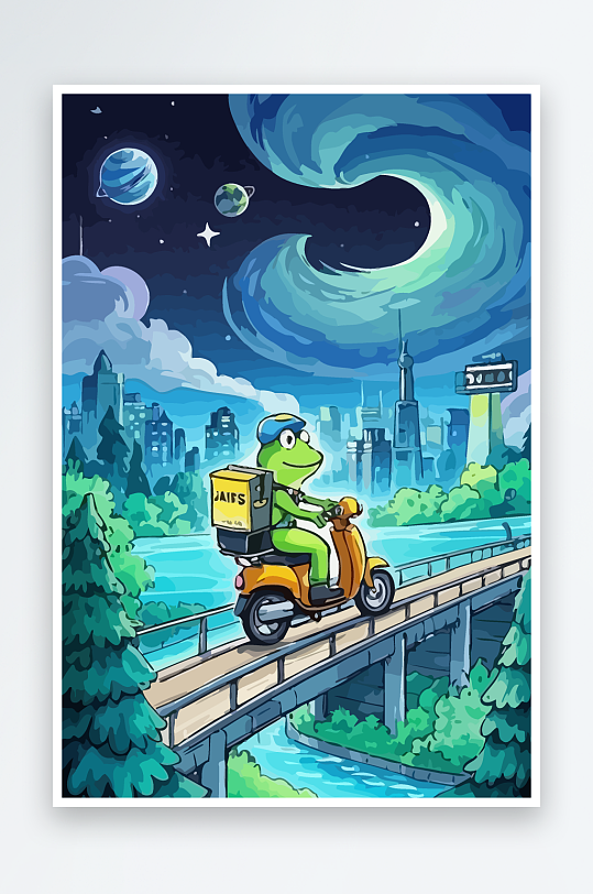 青蛙孩童骑车风景插画-众图网