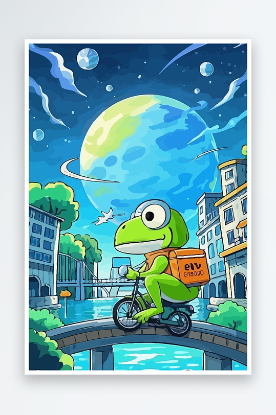 青蛙孩童骑车风景插画元素-众图网