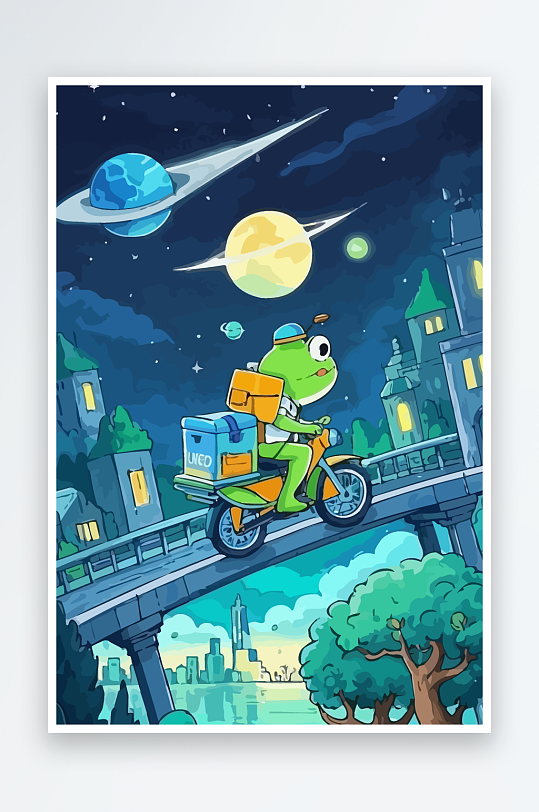 青蛙孩童骑车风景插画元素-众图网