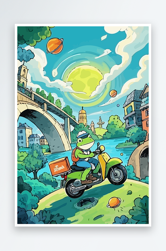 青蛙孩童骑车风景插画元素-众图网