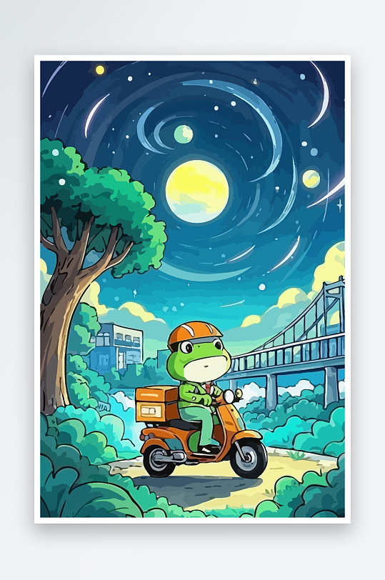 青蛙孩童骑车风景插画元素-众图网