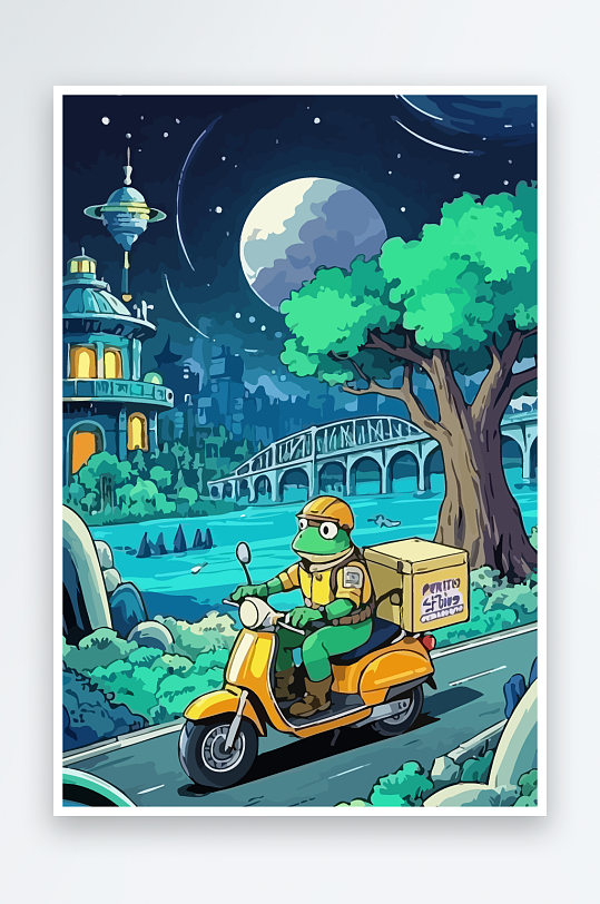 青蛙孩童骑车风景插画元素-众图网