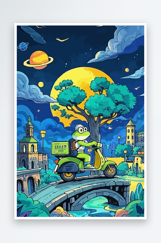 青蛙孩童骑车风景插画元素-众图网