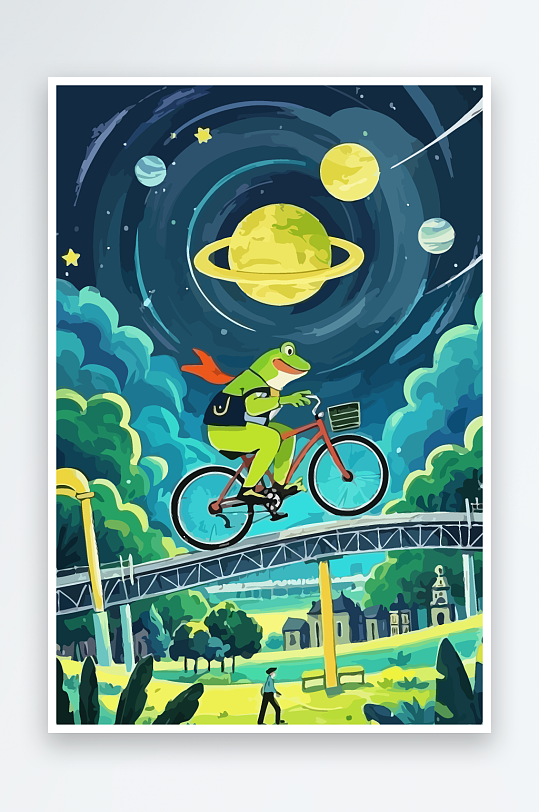 青蛙孩童骑车风景插画元素-众图网