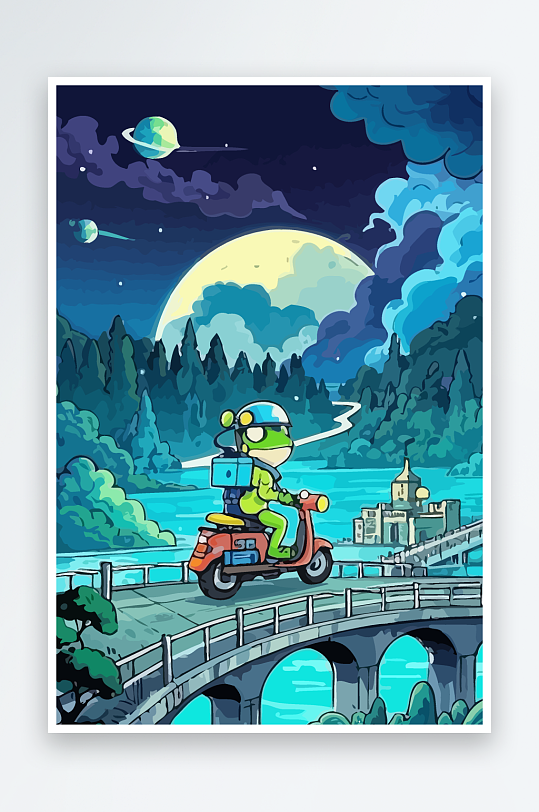 青蛙孩童骑车风景插画元素-众图网