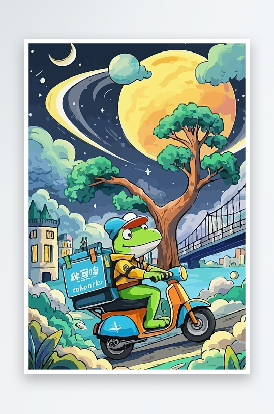 青蛙孩童骑车风景插画元素-众图网