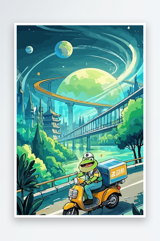 青蛙孩童骑车风景插画元素-众图网